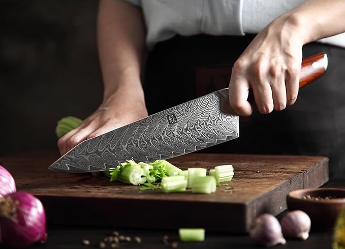 XINZUO Damascus Steel Chef Knife,8.3 Inch Kiritsuke Kitchen Knife Professional High Carbon Steel Forged Gyuto Cooking Knife-Ergonomic Rosewood Handle- Ash Wood Magnetic Knife Sheath-Yi Series