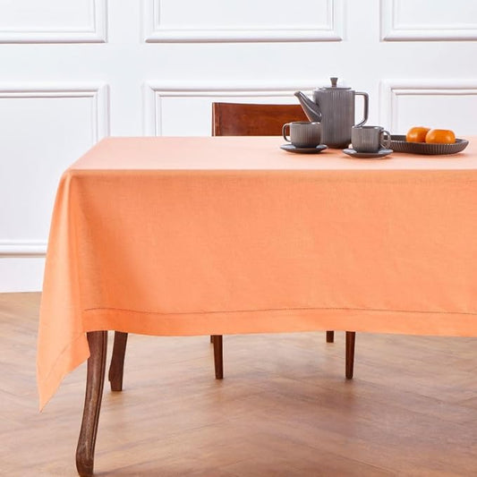Solino Home Linen Tablecloth for Rectangle Tables 60 x 120 Inch - Classic Hemstitch 100% Pure Linen Coral Table Cloth - Machine Washable Cloth Tablecloth for Valentines, Spring, Easter