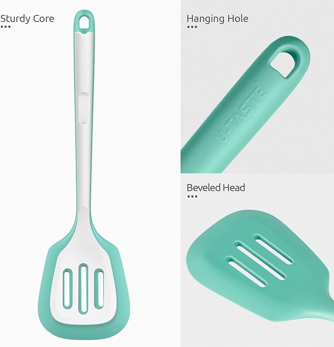 13.6" Slotted Silicone Turner: U-Taste 600쨘F Heat Resistant Kitchen Spatula Flipper, Food Grade Flexible Wide Seamless Rubber Cooking Utensil for Egg, Omelette, Burger in Nonstick Cookware (Aqua Sky)