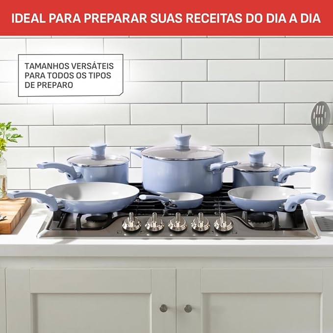T-Fal Refresh Ceramic Nonstick Cookware Set, 12-Piece Nonstick Cookware, Oven Safe to 350째F, Stockpot, Griddle, Frying Pans, Utensils, Ceramic Pots and Pans Set, Blue
