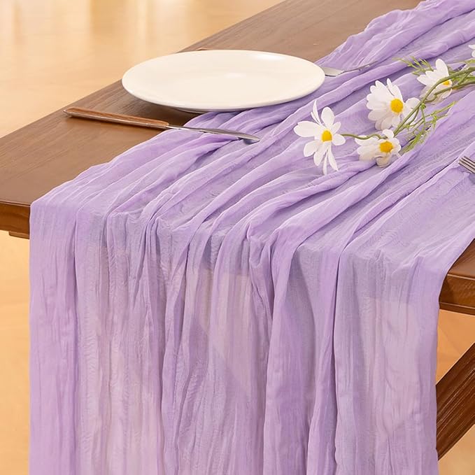 Socomi 6pcs Lilac Purple Lavender Cheesecloth Table Runner Valentine's Day Boho Rustic Gauze 120 inch 10FT Cheese Cloth Runner for Wedding Party Baby Shower Birthday Home Decor Holiday Decorations