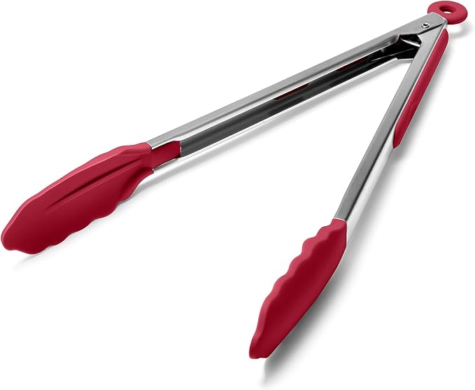 Doosu Kitchen Tongs for Cooking - 600째F Heat Resistant Food Tong with Non-Scratch Silicone Tips, Heavy Duty Stainless Steel Locking Tong for BBQ, Grilling Steak, Serving Salad, Pasta (12in, Red)