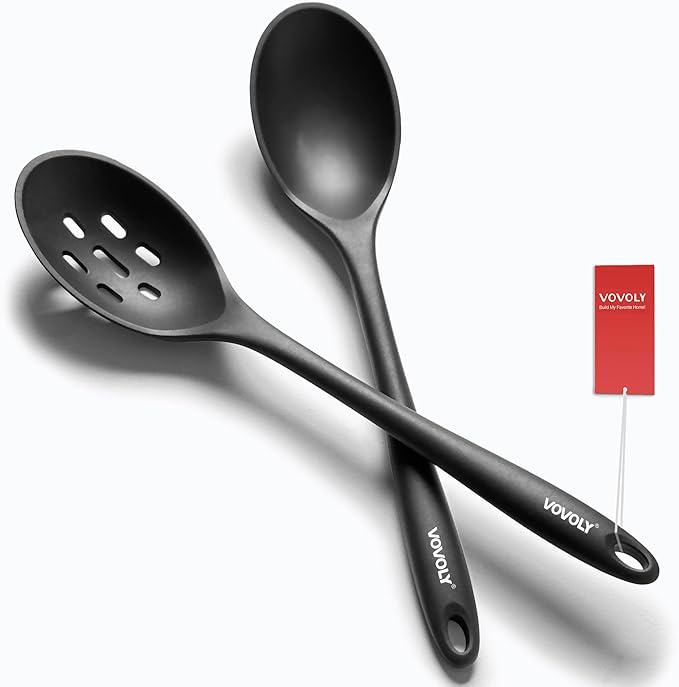 Silicone Spoons for Cooking - Extra Large Kitchen Spoons for Mixing, Serving, & Stirring - 600째F Heat-Resistant Non Stick Utensils Ladle & Skimmer- Dishwasher Safe, Black