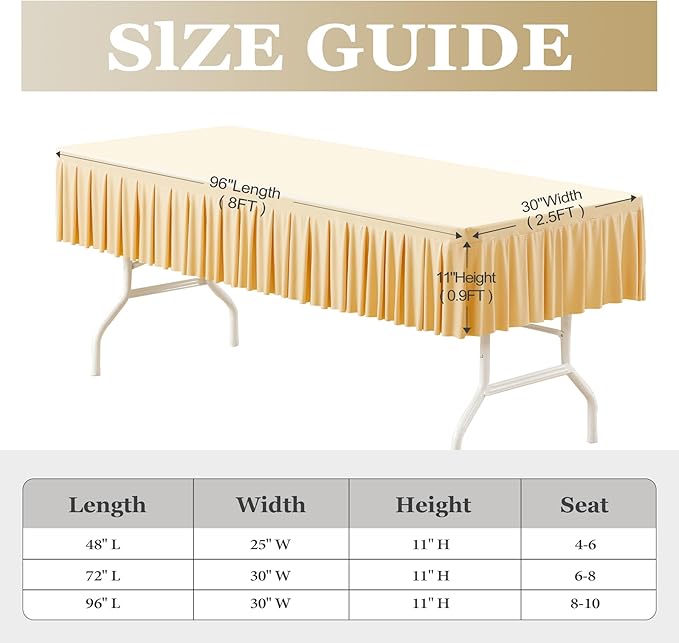 Wish Care 2 Pack Champagne Spandex Table Clothes for 8 Foot Rectangle Tables Wrinkle Free Stretch Fitted Tablecloths 8ft Pleated Ruffle Elastic Table Cover Skirt for Wedding Birthday Banquet Party