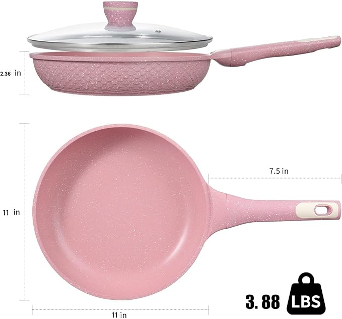 11 Inch Non Stick Frying Pans with Lid - 100% PFOA PFAS Free, Super Nonstick, All Stovetop Compatible Induction Gas Electric, Omelette & Egg Pan, Dishwasher Safe, Eco-Friendly Pink Pan