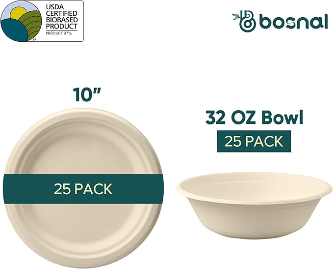 BOSNAL 10 Inch Round Plates with 32 oz Bowls ??25 Plates, 25 Bowls,100% Plant-Based Sugarcane Bagasse, Eco-Friendly Disposable Dinnerware for Hot & Cold Meals, Microwave Safe