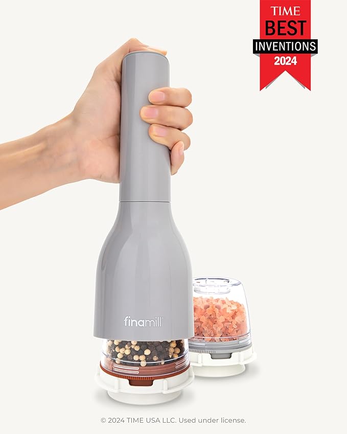 FinaMill Classic Battery Spice Mill ??Battery Operated Salt and Pepper Grinder Set, Includes 2 Interchangeable Spice Pods, Adjustable Coarseness, Ceramic Grinder, LED Light, Kitchen Gifts for Women