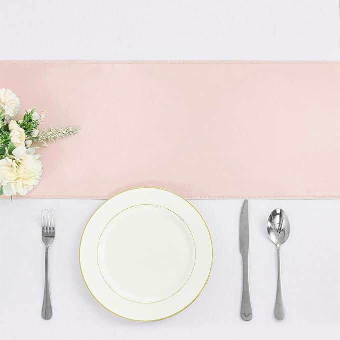 Pufogu 10-Pack Rose Gold Satin Table Runner 12 x 108 Inch Long Bright and Smooth Silk Fabric Table Runner for Wedding Banquet Birthday Party Decoration