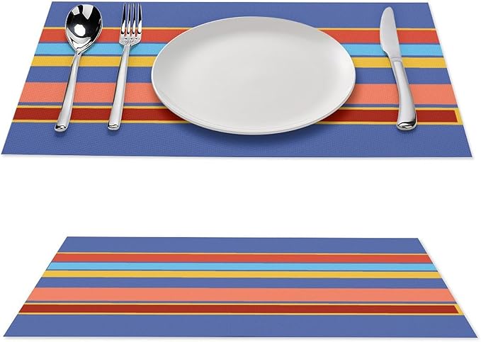 Modern Orange Blue Yellow Coral Stripes Placemat, Set of 4 Heat Resistant PVC Place Mats for Kitchen Table