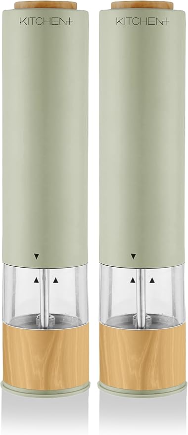 Living+ Electric Salt and Pepper Grinder Set ??Automatic Battery Salt & Pepper Mills with Adjustable Grind, Built-In Light, Sleek Matte + Wood Trim Design, Easy Refill, Durable Ceramic Spice Grinder