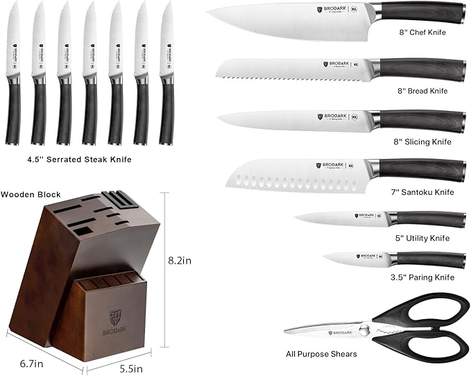 BRODARK Kitchen Knife Set, Ultra Sharp 15 Pcs Knife Set with Block, Full Tang Chef Knives, High Carbon Stainless Steel Knife Block Set with Sharpener, Wooden Handle, Christmas Gifts