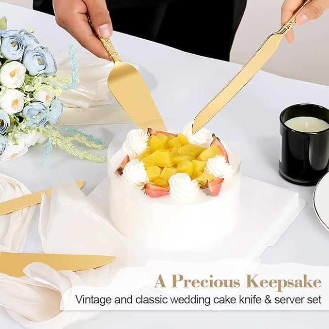 Cake Knife and Server Set for Wedding, Gold Cake Cutting Set, Elegant Cake Knives Cutter Set, Pie Pastry Servers, Birthday Bridal Quincea챰era Gift (F-Flower)