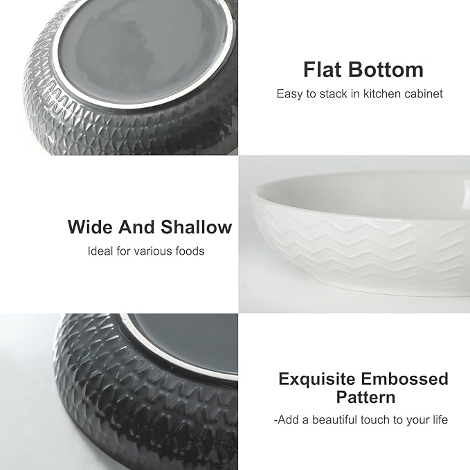 HASENSE 9" Large Pasta Bowls, 42 OZ Ceramic Salad Bowls Set of 2 for Serving Soup, Salad and Dinner, Embossed Wide and Shallow Pasta Plates for Kitchen and Eating, Microwave Safe, White and Grey