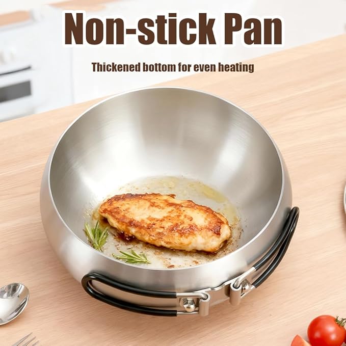 Thickened Multi-Layer Stock Pot, Stainless Steel Camping Cook Pot with Lid and Folding Handle, Scratch-Resistant Non Stick Frying Pans, Even Heating for Cooking,8.66IN