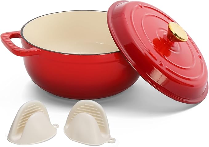Bonnlo 5QT Round Dutch Oven, Enameled Cast Iron Dutch Oven Pot with Lid & Dual Handles, Oven Safe Up to 500째 F, for Sourdough, Bread Baking, Stews and Roasting, Red