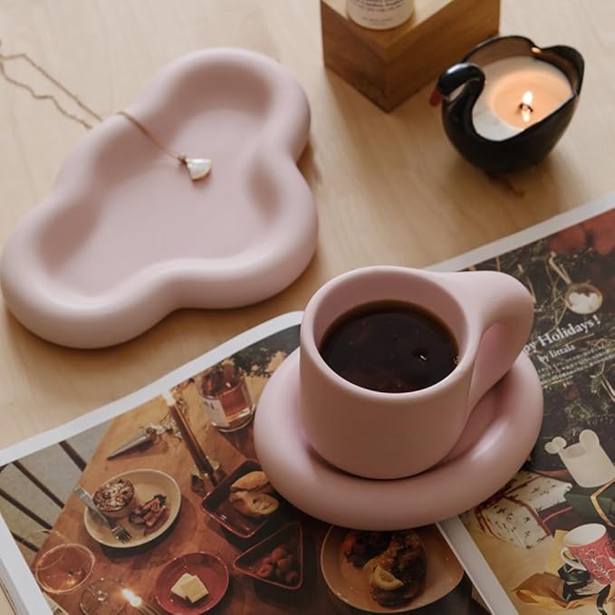 WENSHUO Chubby Funny Coffee Mug, Novelty Cute Cup and Saucer, Matte Cr챔me, 9 oz (Matte Soft Pink)