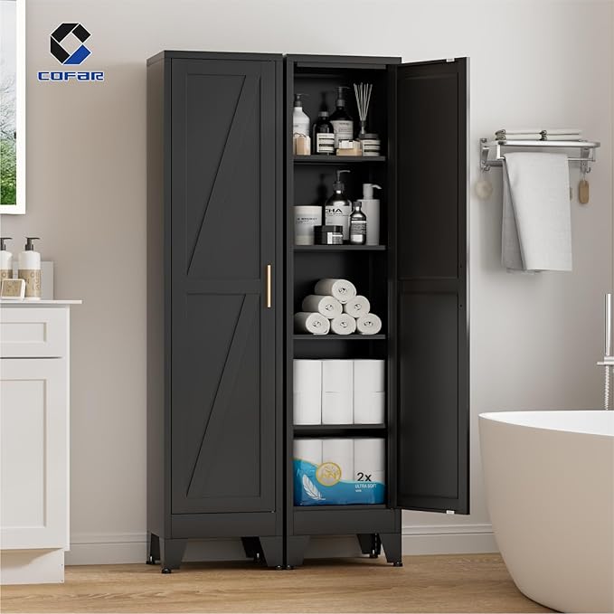 COFaR 67'' Tall Slim Bathroom Storage Cabinet, Metal Narrow Bathroom Cabinet with 4 Adjustable Shelves and One Door, Skinny Cabinet Storage for Kitchen Laundry, Black Farmhouse 5 Tiers