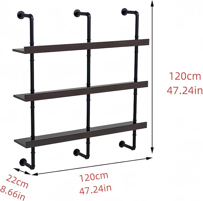 47 Inch Large Wall Mounted Wine Rack, 3 Tier Industrial Pipe Shelf Rustic Wood Floating Shelves, Wall Bar Shelves for Liquor Bottles Display Storage Organizer for Dining Room(Natural, No Lights)