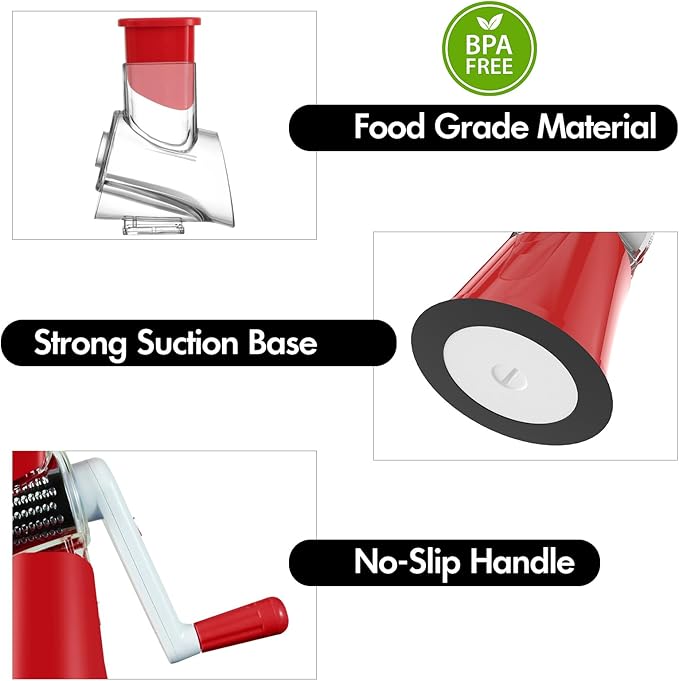 Ancevsk Rotary Cheese Grater Shredder, Speed Kitchen Manual Round Mandolin Slicer Safe Grinder with 3 Interchangeable Blades for Nuts, Carrot, Hashbrown, Garlic, Walnut, Potato, Chocolate (Red)
