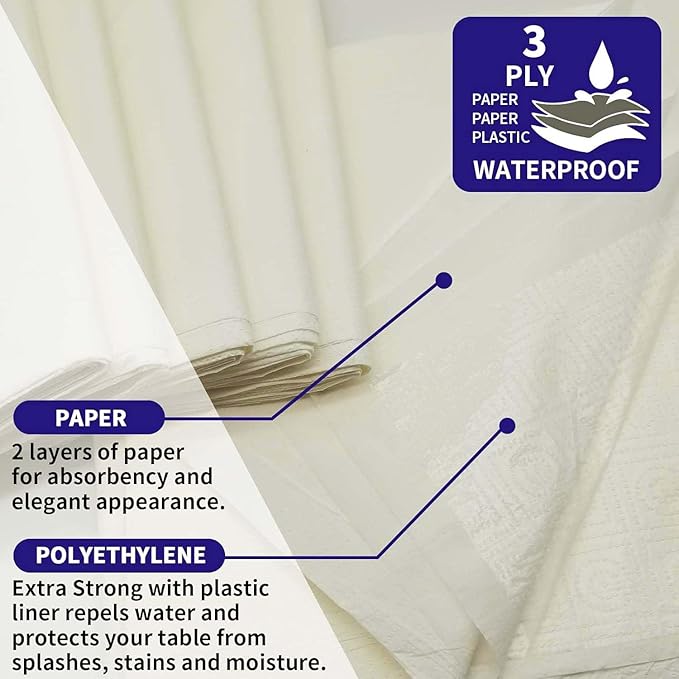 [6 Pack] Cream White Paper Tablecloth Disposable for Rectangle Tables, 54 X 108 Inch Party Table Cover with Plastic Backing, Waterproof 3 Ply Table Cloth for Wedding Buffet Indoor Outdoor