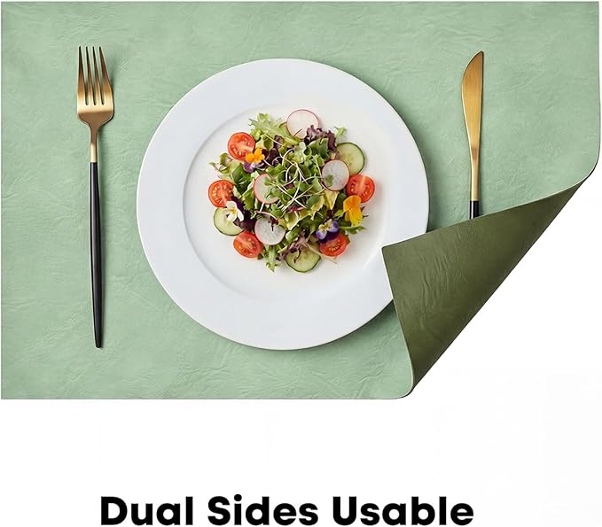 Artoid Mode Sage Faux Leather Placemats Set of 6, 12x18 Inch Waterproof Wipeable Heat Resistant Place Mats, Reversible Table Mats for Spring Kitchen Dining Decor