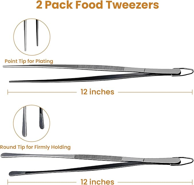 GEEKHOM 2 Pcs 12-Inch Barbecue Grill Tongs: Professional Stainless Steel Scissor Tongs with Serrated Tips for Flipping (Black)