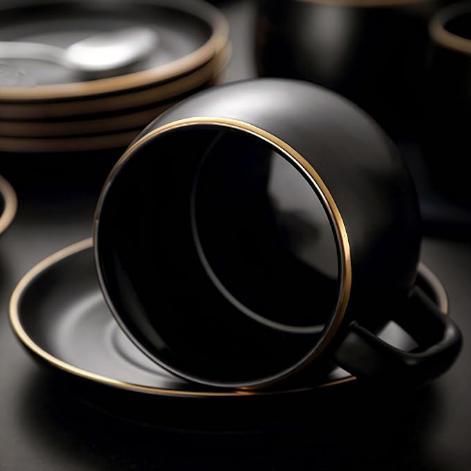Ceramic Teacup and Saucer Set with Gold Trim Design 9.8oz Matte Plain Color Ceramic Coffee Mug White