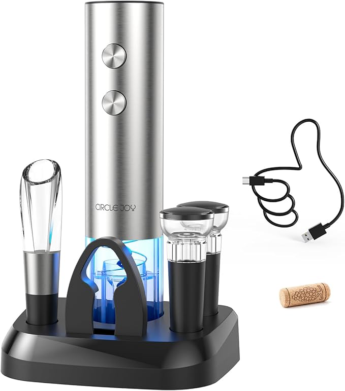 CIRCLE JOY Electric Wine Opener Stainless Steel Rechargeable Automatic Wine Bottle Opener Set 7-in-1 Top Gifts for Wine Lovers with Charging Base, Foil Cutter, Wine Aerator Pourer & 2 Vacuum Stoppers
