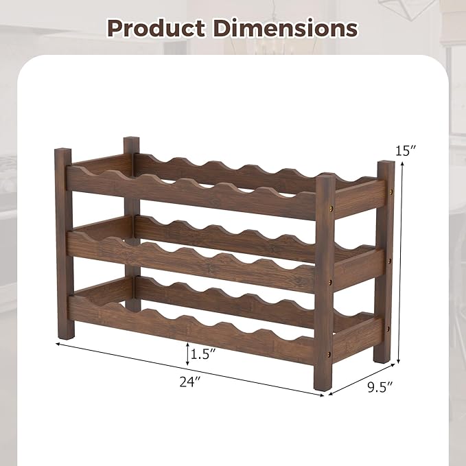 COSTWAY 3-Tier Bamboo Wine Rack, 18-Bottle Tabletop Wine Holder with Wave Slot, Freestanding Countertop Wine Bottle Organizer for Kitchen, Pantry, Pub & Wine Cellar, Brown (24.5L x 9.5W x 15H)
