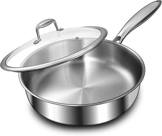 EWFEN 12 Inch Tri-Ply Stainless Steel Frying Pan, Deep Frying Pan with lids, Compatible with All Cooktops Up to 600?? Induction Cooking Pan, Dishwasher and Oven Safe, Fast & Even Heat