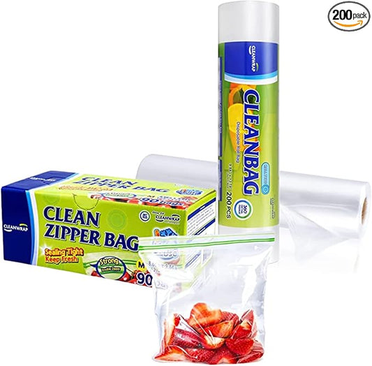 CLEANWRAP Food Storage Roll Bags (9.84 * 13.78-200 PCS) + Zipper Bag (Medium 90 Bags) | Food Plastic Bags, Mini Plastic Bags, Plastic Bread Bags, Roll Plastic Bags, Plastic Produce Bag