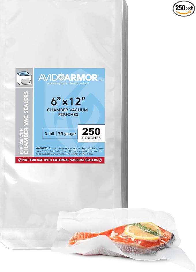 Avid Armor Chamber Vacuum Sealer Bags ??Heavy Duty, BPA-Free, Pre-Cut Chamber Vacuum Bags for Food Preservation, Freezer Storage, Sous Vide and more, 250/Pack (Clear - 250, 6x12)
