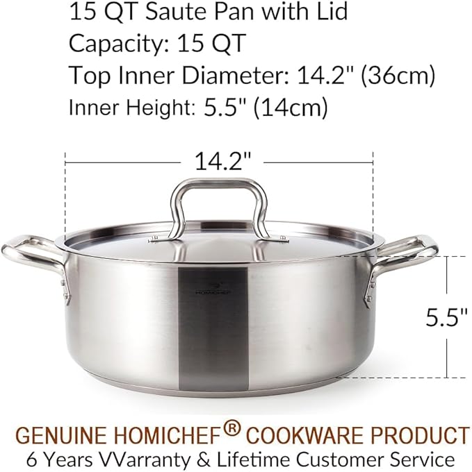 HOMICHEF 15 Quart LARGE Stainless Steel Braiser Pan with Lid - Commercial Grade NICKEL FREE Stainless Steel Healthy Braiser Pot 15 QT - Matte Polished Braising Pan Large