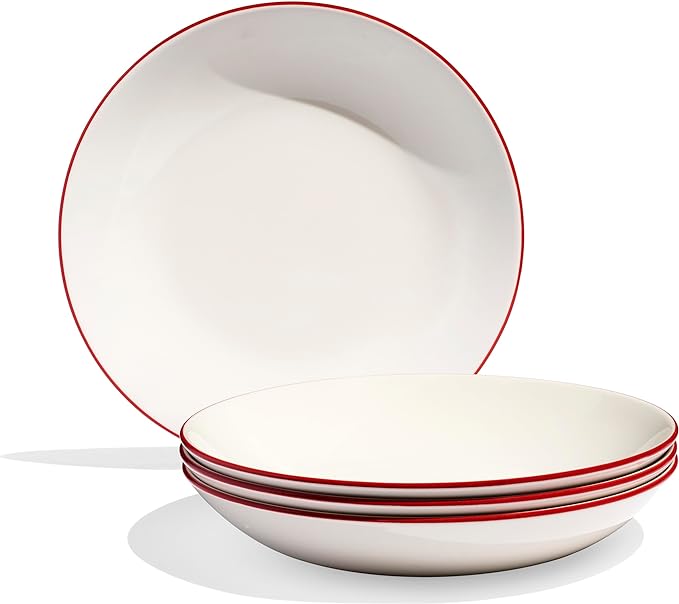 Made In Cookware - Set of 4 - Entr챕e Bowls - White With Red Rim - Porcelain - Crafted in England