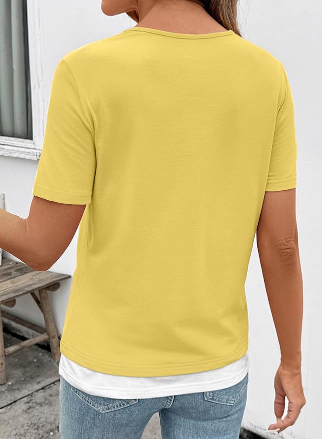 SHEWIN Womens Tops Casual Crewneck Color Block Short Sleeve Mock Double Layer T-Shirt Summer Outfits for Women 2026