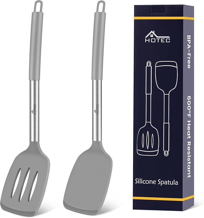 HOTEC Silicone Spatula Set of 2 Heat-Resistant 600째F & BPA-Free Kitchen SaptulaTurner with Stainless Steel Handles, Slotted & Solid Spatulas for Nonstick Cookware, 13.7 Inch, Grey