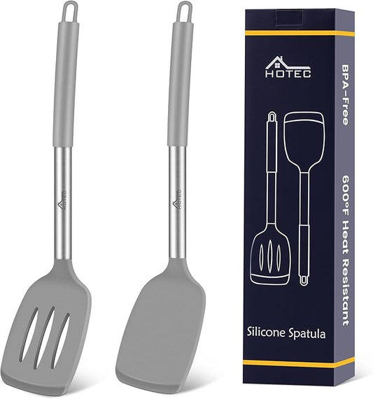 HOTEC Silicone Spatula Set of 2 Heat-Resistant 600째F & BPA-Free Kitchen SaptulaTurner with Stainless Steel Handles, Slotted & Solid Spatulas for Nonstick Cookware, 13.7 Inch, Grey