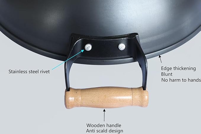 Chinese woks with a lid and a Spatula stir-fry pans deep fryer Cast Iron 16 Inches round bottom pot Uncoated for Open Fire not easy to rust not easy to stick and durable for about 1-8 people