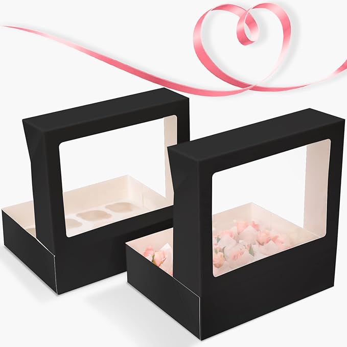 qiqee Auto-pop Up Cupcake Boxes with Window Black 40PCS 12 Count Cupcake Box 13"x10"x3.5" Cupcakes Carrier, 12 Cupcake Containers with 2 rolls of pink ribbons