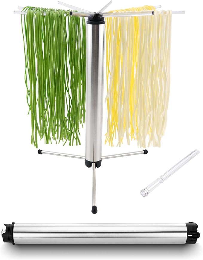 KITCHENDAO Collapsible Pasta Drying Rack, Foldable for Easy Storage, Rotary Arms, Detachable for Easy Cleaning, Stainless Steel Homemade Hanging for up to 6 lbs, Pasta Noodle Spaghetti Stand Hanger