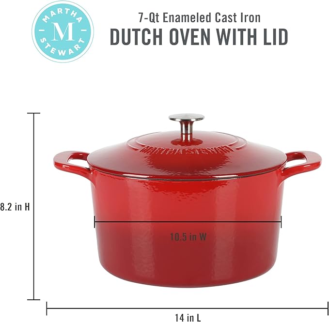 MARTHA STEWART Gatwick 7-Quart Enamel Cast Iron Dutch Oven ??Red Ombre ??Heavy-Duty Dutch Oven for Slow Cooking, Braising & Baking