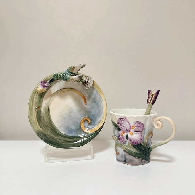 Ceramic Tea Cup and Saucer Set 竊?OZ 3D Hand-painted Hummingbird and Flower Coffee Mug竊똆ift for Women