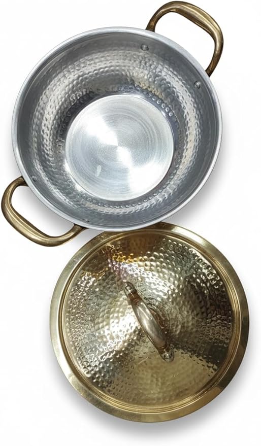 Pure Brass Hammered Kadai with Lid, Tin Coated Interior, 1.5 Liter Traditional Indian Cooking Pan, Gas Stove Compatible