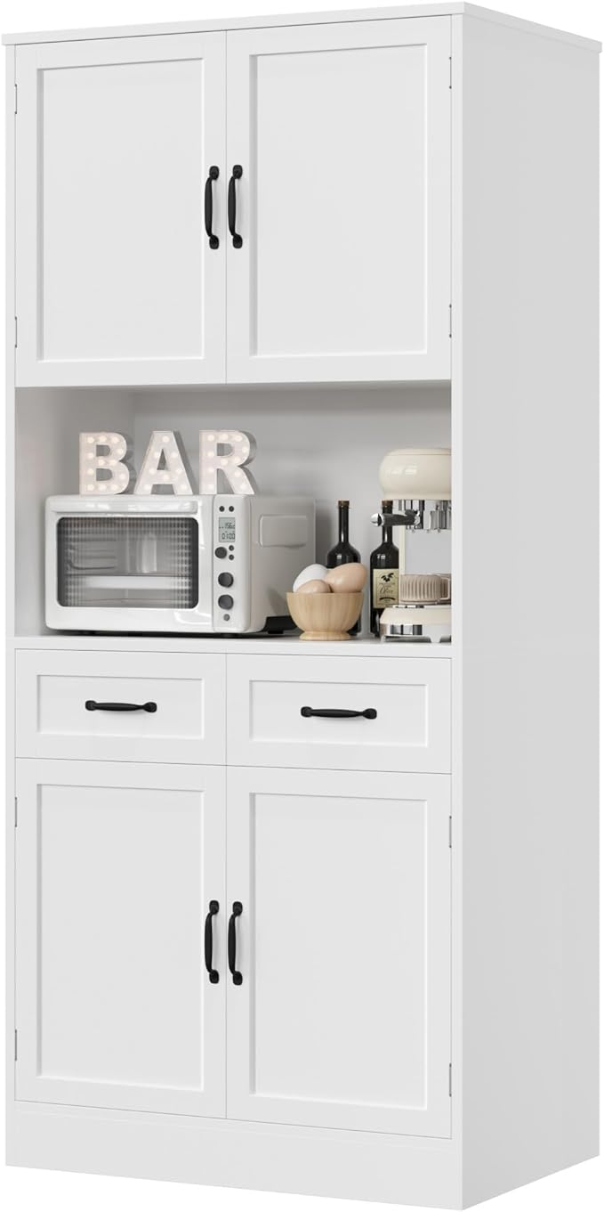 HOSTACK 71??Tall Kitchen Pantry Storage Cabinet, Modern Kitchen Hutch Bar Cabinet with Microwave Stand, Wood Buffet Sideboard with Hutch, Cupboard with Drawers, Shelves for Dining Room, White