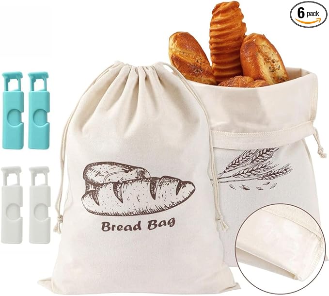 Bread Bags With Liner,2-Packs Linen Bread Bags With Liner for Homemade Container,17.6횞11.6Inches Unbleached&Reusable Loaf Storage,Natural Large Storage for Artisan Roll,With 4 Pieces Bread Clip