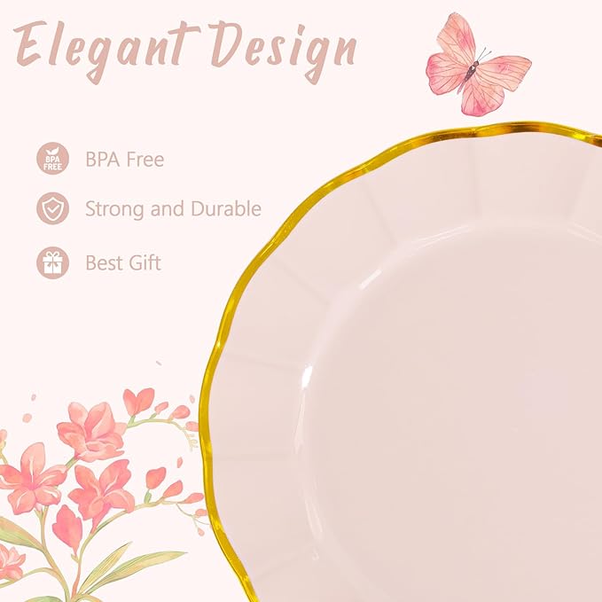 EI 150pcs Pink Plastic Plates with Gold Plastic Silverware,Pink Party Plates,Heavy Duty Plate Disposable,Gold Dinnerware Set for Birthday, Afternoon Tea,Wedding