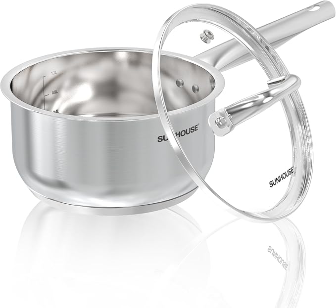 Sunhouse ??2 Quarts Stainless Steel Sauce Pan with Lid - PFOA-FREE, Stainless Steel Sauce Pan, Advanced Impact Bonding Induction Base, Stay-Cool Handle, Compatible with All Cooktops