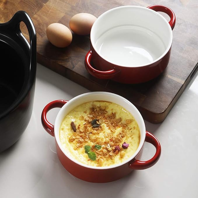 Sweejar Ceramic Soup Bowls with Double Handles, 20 Oz Stacked Bowls for French Onion Soup, Cereal, Pot Pies, Stew, Chill, Pasta, Set of 4 (Red)