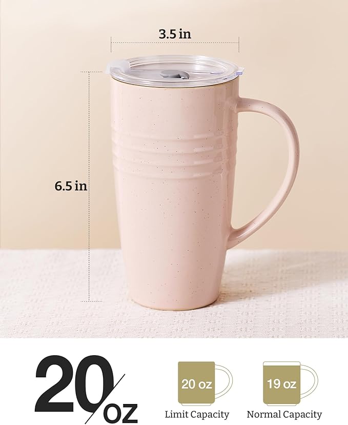 famiware Jupiter Large Coffee Mug, 20oz Coffee Mug with Lid, Ceramic Cup with Handle for Latte, Tea, Cocoa, Milk, Home & Office, Microwave and Dishwasher Safe, Light Pink