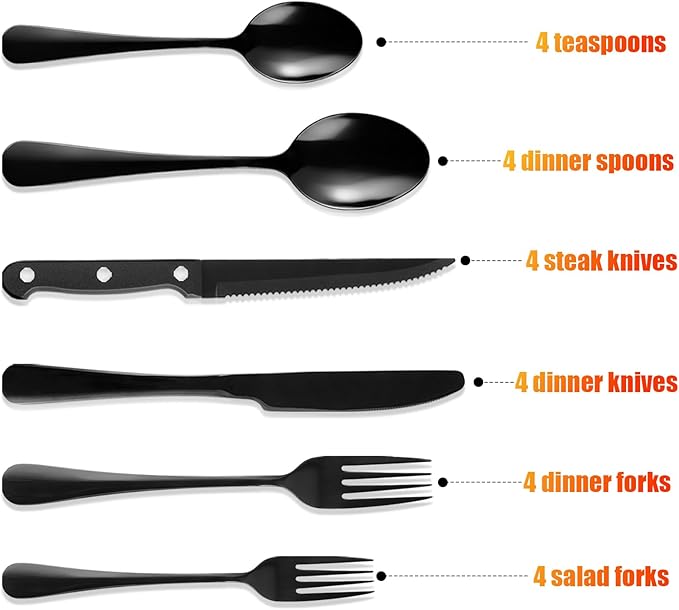 24 PCS Black Silverware Set,Food-Grade Stainless Steel Flatware with Steak Knives,Mirror Polished Utensil Sets for 4,Tableware Cutlery Set Include Forks and Spoons for Kitchen,Home,Restaurant